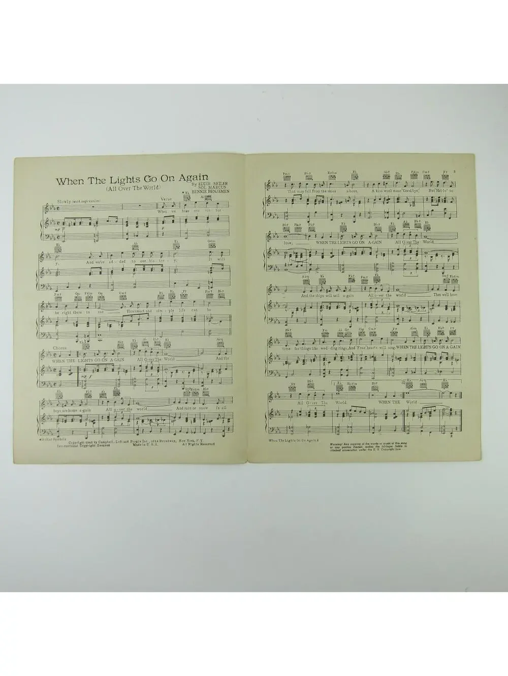 Sheet Music When the Lights Go on again (All over the World ) WW2 Vintage 1942